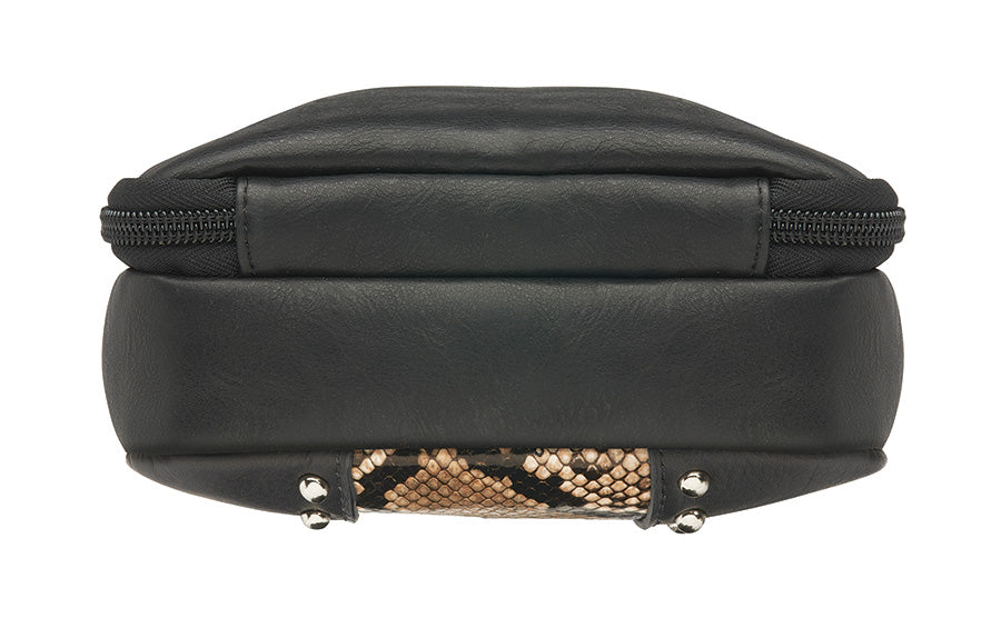 Black crossbody hipster concealed carry bag with snake-embossed leather and full grain cowhide accents, chrome hardware, and adjustable slash-resistant strap — features RFID protection and discreet firearm compartment compatible with micro pistols.