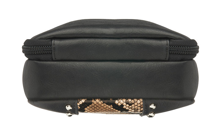Black crossbody hipster concealed carry bag with snake-embossed leather and full grain cowhide accents, chrome hardware, and adjustable slash-resistant strap — features RFID protection and discreet firearm compartment compatible with micro pistols.