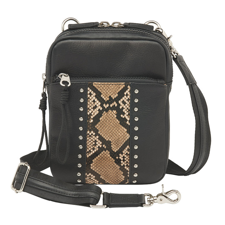 Black crossbody hipster concealed carry bag with snake-embossed leather and full grain cowhide accents, chrome hardware, and adjustable slash-resistant strap — features RFID protection and discreet firearm compartment compatible with micro pistols.