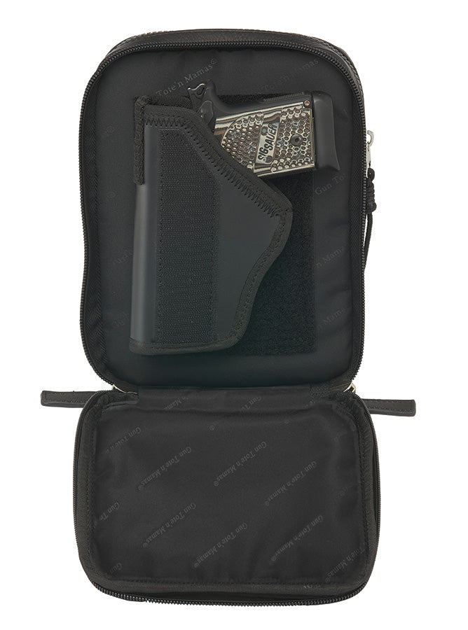 Black crossbody hipster concealed carry bag with snake-embossed leather and full grain cowhide accents, chrome hardware, and adjustable slash-resistant strap — features RFID protection and discreet firearm compartment compatible with micro pistols.