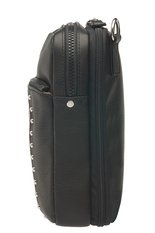 Black crossbody hipster concealed carry bag with snake-embossed leather and full grain cowhide accents, chrome hardware, and adjustable slash-resistant strap — features RFID protection and discreet firearm compartment compatible with micro pistols.