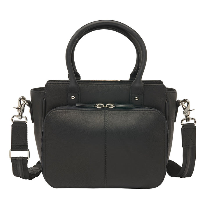 Black Park Ave Hand Tote Concealed Carry Purse featuring snake-embossed top grain cowhide, South American full-grain cowhide accents, chrome rivets, and a leather tassel. Includes top zippered opening, RFID-protected interior zip pocket, and two open pockets. Equipped with slash-resistant, adjustable shoulder strap, and two top carry handles.
