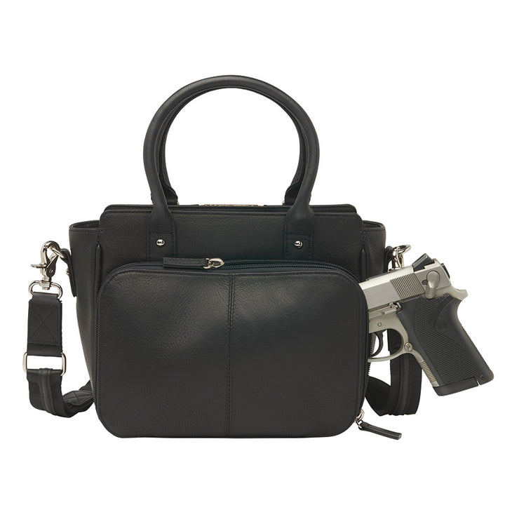 Black Park Ave Hand Tote Concealed Carry Purse featuring snake-embossed top grain cowhide, South American full-grain cowhide accents, chrome rivets, and a leather tassel. Includes top zippered opening, RFID-protected interior zip pocket, and two open pockets. Equipped with slash-resistant, adjustable shoulder strap, and two top carry handles.