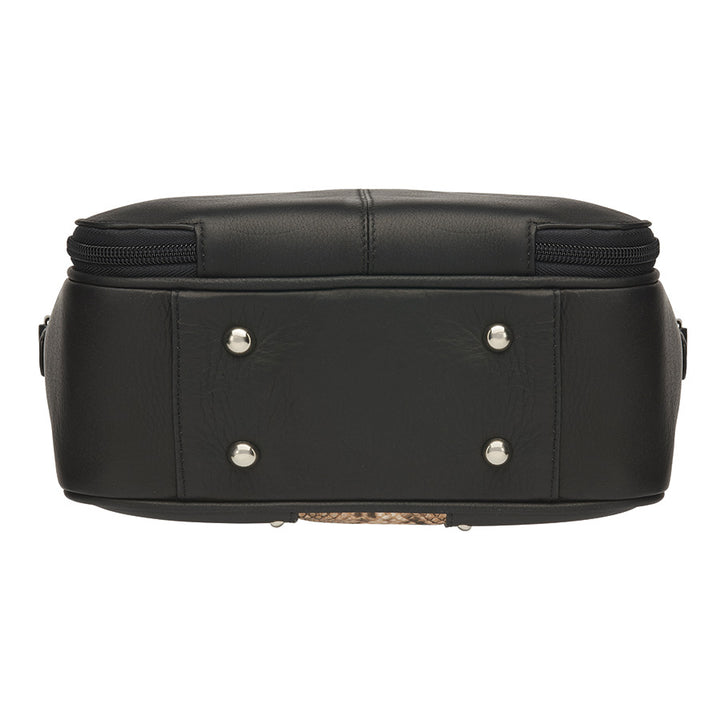 Black Park Ave Hand Tote Concealed Carry Purse featuring snake-embossed top grain cowhide, South American full-grain cowhide accents, chrome rivets, and a leather tassel. Includes top zippered opening, RFID-protected interior zip pocket, and two open pockets. Equipped with slash-resistant, adjustable shoulder strap, and two top carry handles.