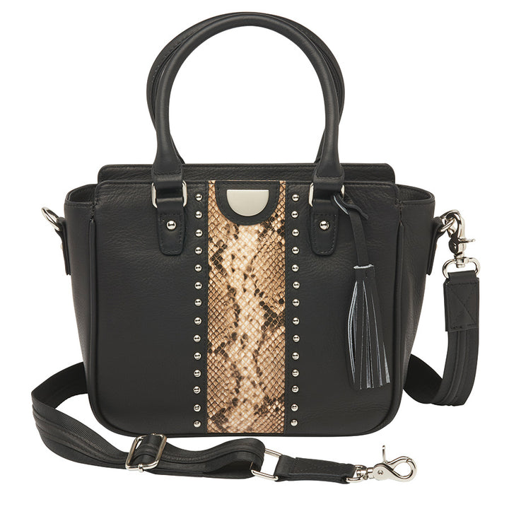 Black Park Ave Hand Tote Concealed Carry Purse featuring snake-embossed top grain cowhide, South American full-grain cowhide accents, chrome rivets, and a leather tassel. Includes top zippered opening, RFID-protected interior zip pocket, and two open pockets. Equipped with slash-resistant, adjustable shoulder strap, and two top carry handles.