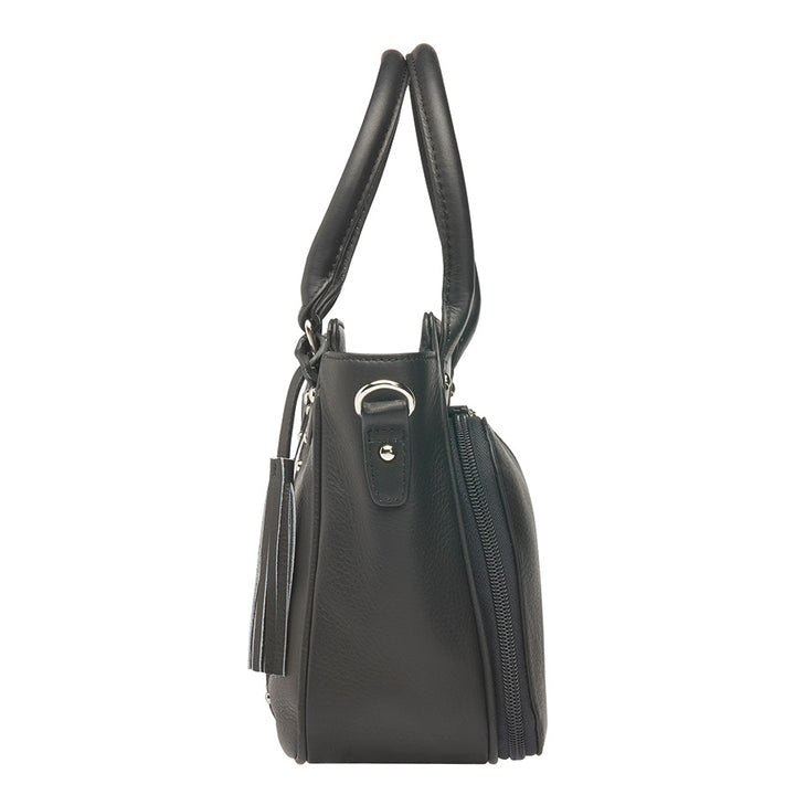Black Park Ave Hand Tote Concealed Carry Purse featuring snake-embossed top grain cowhide, South American full-grain cowhide accents, chrome rivets, and a leather tassel. Includes top zippered opening, RFID-protected interior zip pocket, and two open pockets. Equipped with slash-resistant, adjustable shoulder strap, and two top carry handles.