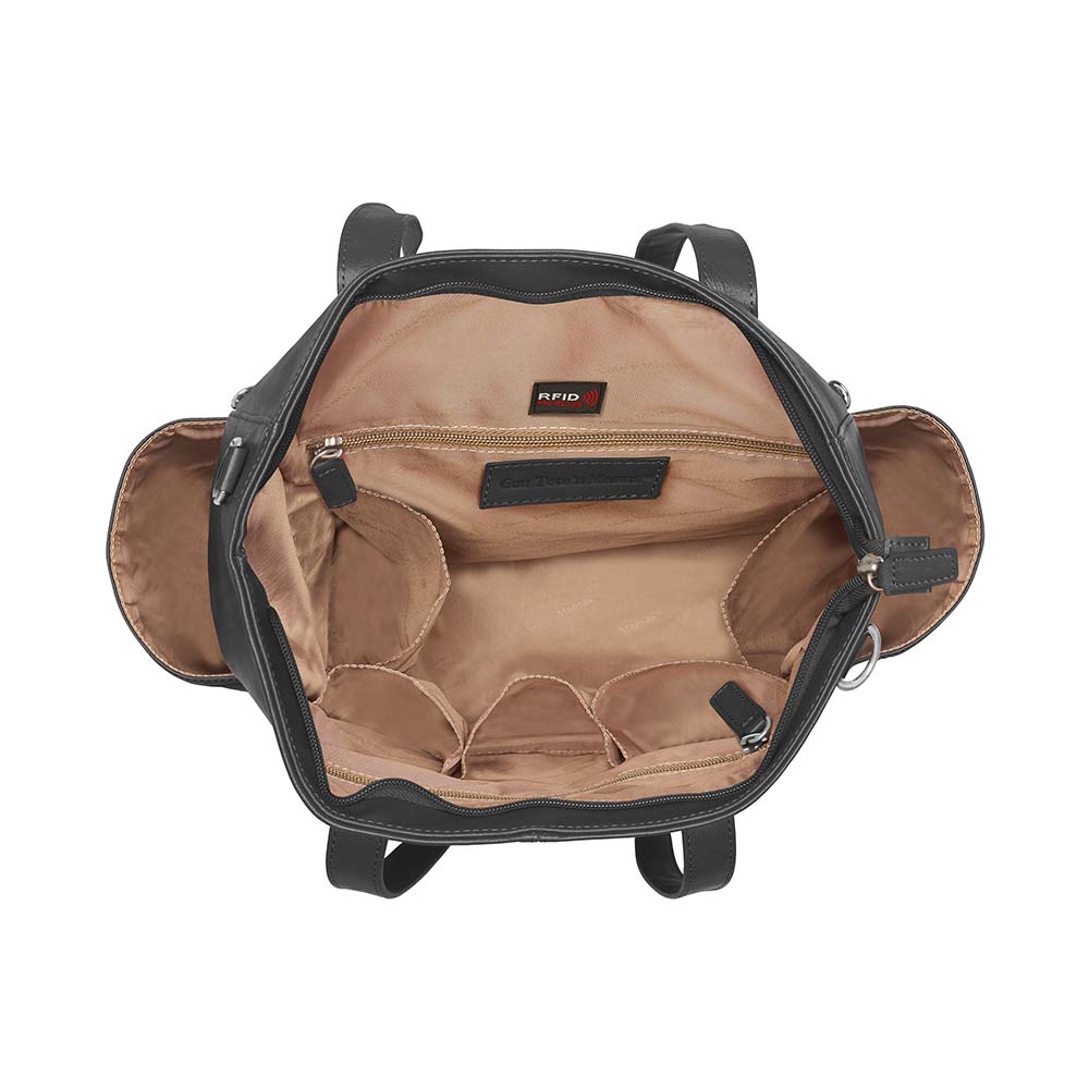 gray  concealed carry bag for women – sleek tactical leather tote with holster, ideal for professionals, moms, and jetsetters needing secure gun storage on the go