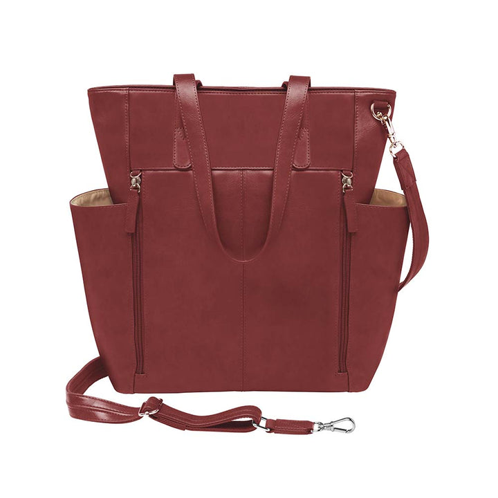 Bold red concealed carry purse – oversized leather tote with crossbody holster for fashion-forward women who carry; perfect for travel, work, or everyday protection.