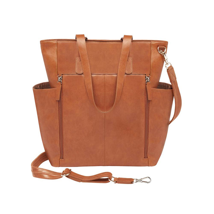 Tan leather oversized concealed carry tote for women – stylish and discreet gun purse for travel, diaper bag duty, or work life; crossbody holster with slash-resistant straps and RFID pockets
