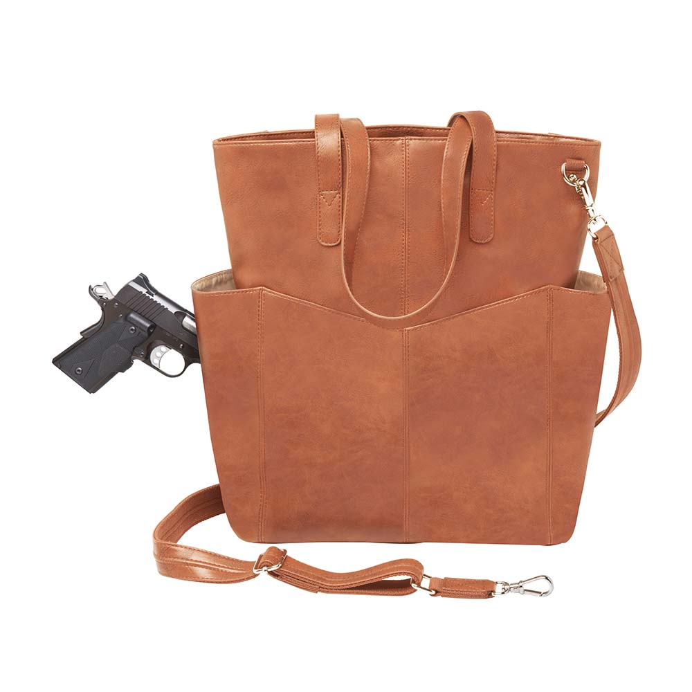 Tan leather oversized concealed carry tote for women – stylish and discreet gun purse for travel, diaper bag duty, or work life; crossbody holster with slash-resistant straps and RFID pockets