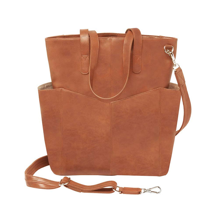 Tan leather oversized concealed carry tote for women – stylish and discreet gun purse for travel, diaper bag duty, or work life; crossbody holster with slash-resistant straps and RFID pockets