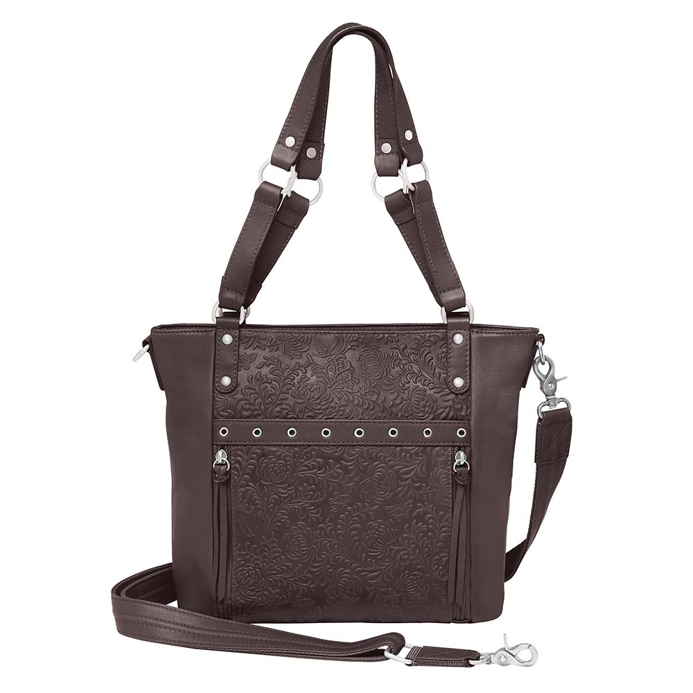 brown BOHO concealed carry shoulder tote purse with debossed butterfly and chrysanthemum design, made of soft South American cowhide, top-draw CCW access for right or left-handed users, slash-resistant straps, RFID interior pocket, and fits M&P Shield, CZ P10 Sub-Compact, and HK VP9.