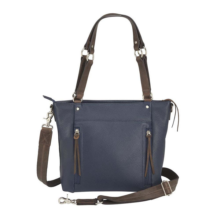 Blue indigo BOHO shoulder tote concealed carry purse combining soft American cowhide and distressed vintage buffalo leather, featuring top draw GTM compartment with rare earth magnets, RFID-protected zippered pocket, adjustable slash-resistant shoulder strap with 11-ply steel cable, antiqued brass hardware, nylon coil zippers, and textured faux bottom with metal feet for stability.