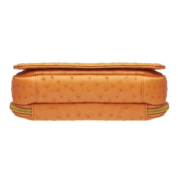 Crossbody Organizer Concealed Carry Purse in debossed American cowhide with ostrich pattern. Features RFID-protected zippered pocket, main compartment for essentials like iPhone Plus, keys, and pepper spray. Slash-resistant shoulder strap with steel reinforcement, rare earth magnetic flap closure. Tested with Springfield Hellcat, Ruger LCP, and more. Lightweight, durable, and designed for left and right-hand use.