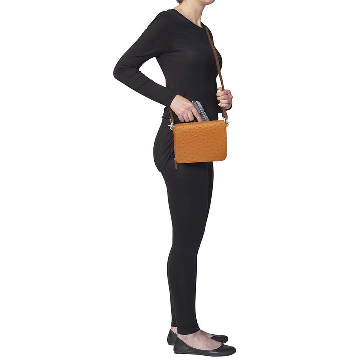 Crossbody Organizer Concealed Carry Purse in debossed American cowhide with ostrich pattern. Features RFID-protected zippered pocket, main compartment for essentials like iPhone Plus, keys, and pepper spray. Slash-resistant shoulder strap with steel reinforcement, rare earth magnetic flap closure. Tested with Springfield Hellcat, Ruger LCP, and more. Lightweight, durable, and designed for left and right-hand use.