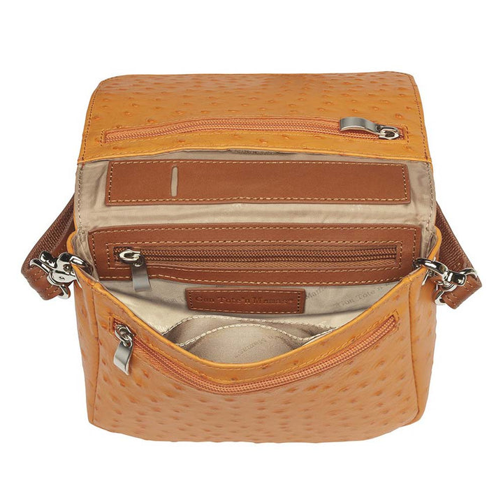 Crossbody Organizer Concealed Carry Purse in debossed American cowhide with ostrich pattern. Features RFID-protected zippered pocket, main compartment for essentials like iPhone Plus, keys, and pepper spray. Slash-resistant shoulder strap with steel reinforcement, rare earth magnetic flap closure. Tested with Springfield Hellcat, Ruger LCP, and more. Lightweight, durable, and designed for left and right-hand use.