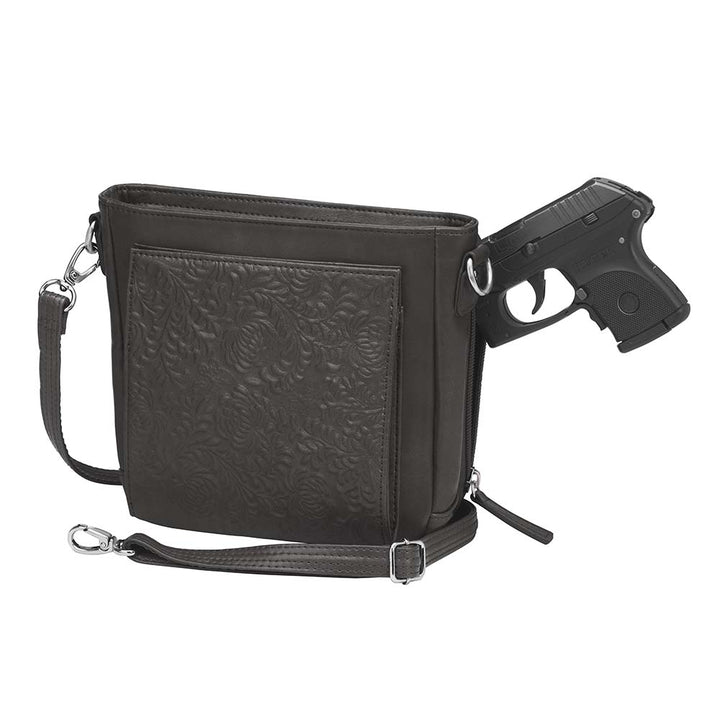concealed carry crossbody bag with built-in RFID wallet, triple-sided zip gun access for small pistols, slash-resistant strap, zippered main compartment, washable cowhide leather with symbolic debossed pattern, ideal for women’s self-defense in a compact, stylish form.