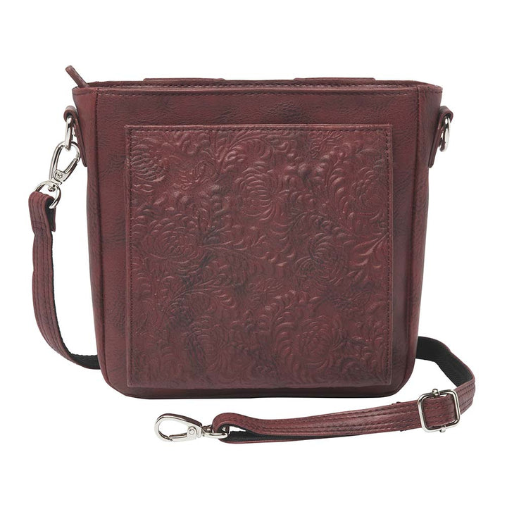 Red mini concealed carry crossbody bag with built-in RFID wallet, triple-sided zip gun access for small pistols, slash-resistant strap, zippered main compartment, washable cowhide leather with symbolic debossed pattern, ideal for women’s self-defense in a compact, stylish form.