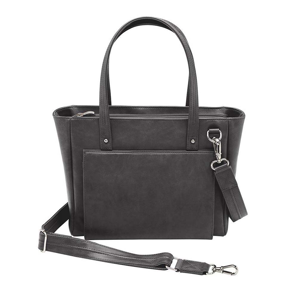 Black concealed carry tote purse with built-in RFID wallet organizer, 17 internal pockets, slash-resistant leather straps with steel cable, washable American cowhide, padded CCW compartment with Mernickle holster, fits tablets, iPhone Plus, sunglasses, and daily carry items, designed for left or right-hand draw.
