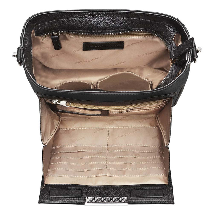 Luxury black lambskin concealed carry crossbody purse made from New Zealand full-grain leather; features RFID-protected wallet organizer, top-draw ambidextrous access, slash-resistant strap, padded CCW holster fits Glock 19, Sig P320, M&P Shield; sleek day-to-night design with magnetic closures and chrome accents.