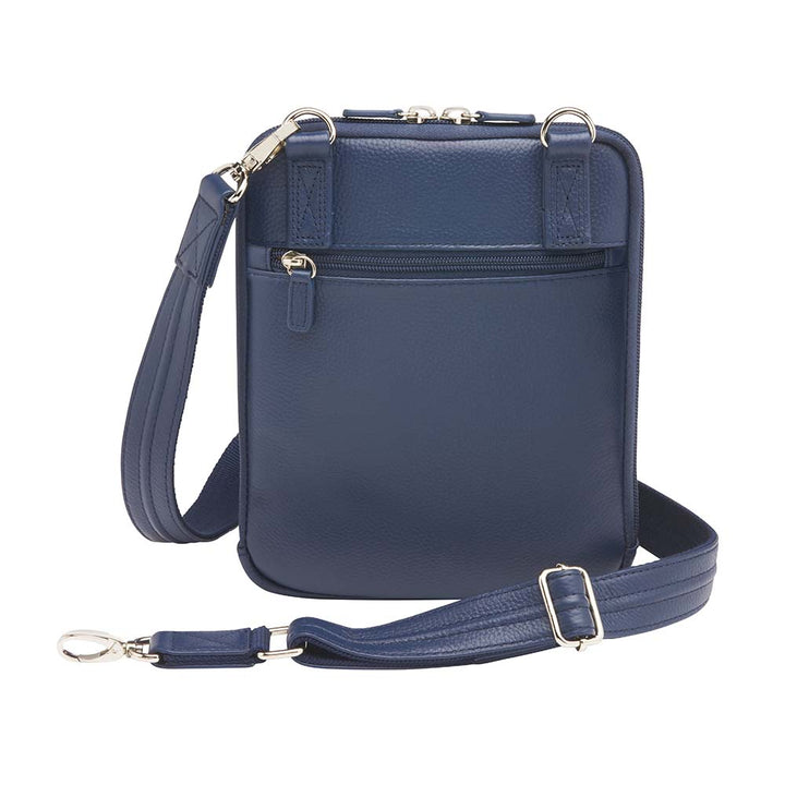 Indigo blue concealed carry crossbody shoulder pouch for women and men, designed to discreetly fit 1911 and compact pistols like Glock 19 and M&P Shield, features padded gun compartment with top, side, and angled draw, RFID-protected interior, full-grain American cowhide with matte finish, slash-resistant strap, three-way zip opening, multiple storage pockets, and Mernickle holster for right or left-hand draw.