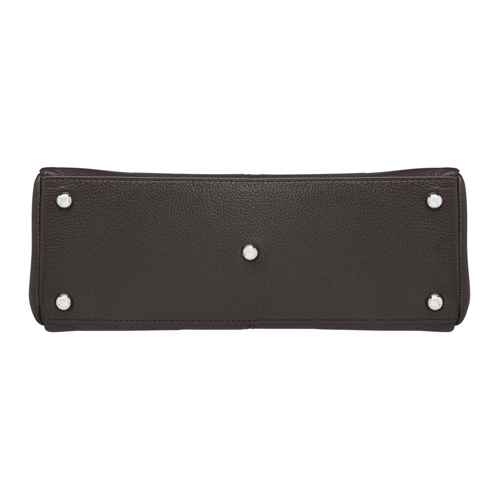 From the bottom black Black timeless Traditional Elegance Concealed Carry Purse with pebble-textured cowhide leather. Features 11-ply steel cable reinforced, slash-resistant carry handles, designed for left or right-handed use. Spacious interior with center zippered divider, leather-trimmed pockets, and zippered pocket. Magnetic snaps close the open top. Includes metal feet for bottom protection. Khaki GTM logo lining for easy visibility. Includes holster compatibility.