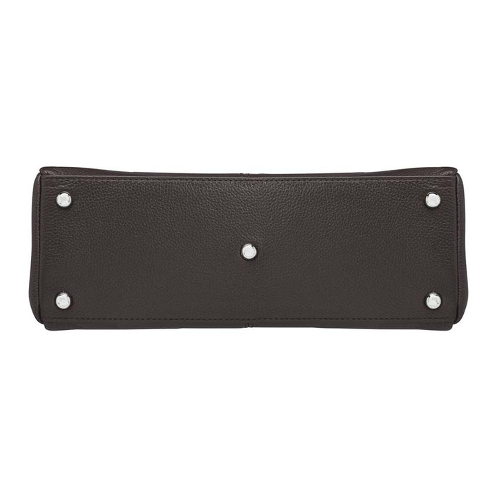 From the bottom black Black timeless Traditional Elegance Concealed Carry Purse with pebble-textured cowhide leather. Features 11-ply steel cable reinforced, slash-resistant carry handles, designed for left or right-handed use. Spacious interior with center zippered divider, leather-trimmed pockets, and zippered pocket. Magnetic snaps close the open top. Includes metal feet for bottom protection. Khaki GTM logo lining for easy visibility. Includes holster compatibility.