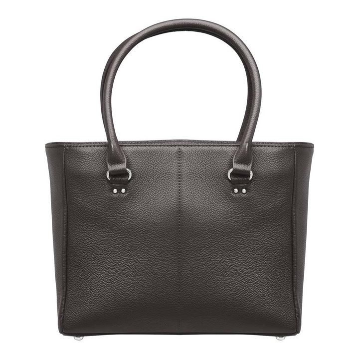 Black timeless Traditional Elegance Concealed Carry Purse with pebble-textured cowhide leather. Features 11-ply steel cable reinforced, slash-resistant carry handles, designed for left or right-handed use. Spacious interior with center zippered divider, leather-trimmed pockets, and zippered pocket. Magnetic snaps close the open top. Includes metal feet for bottom protection. Khaki GTM logo lining for easy visibility. Includes holster compatibility.