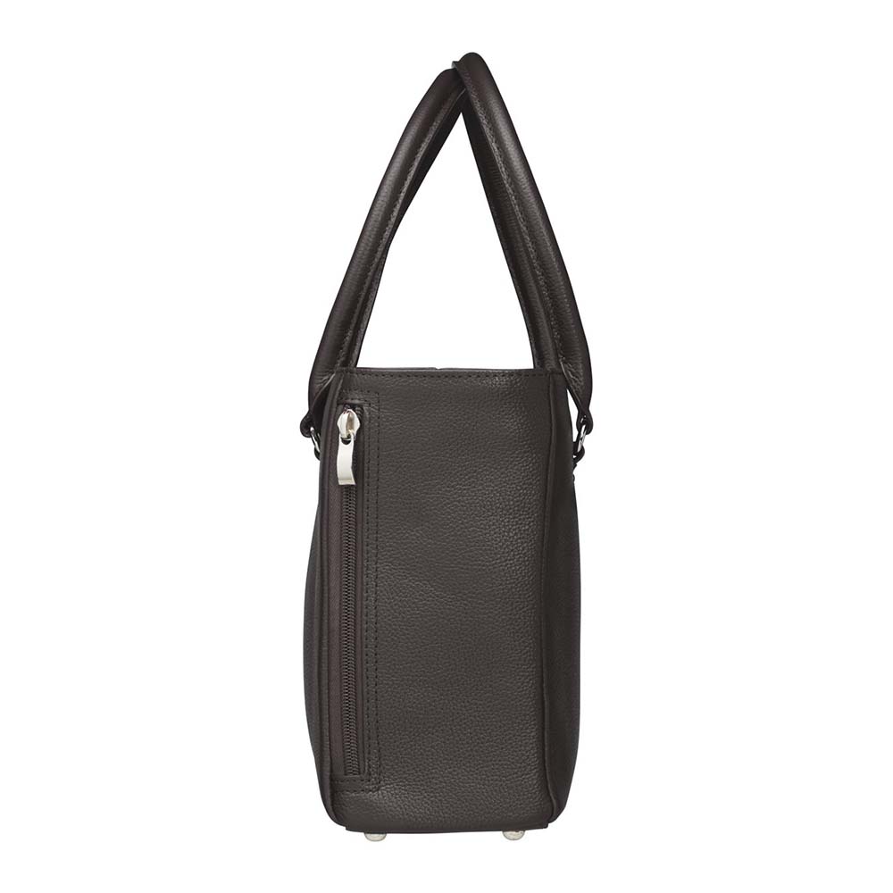 Black from the side timeless Traditional Elegance Concealed Carry Purse with pebble-textured cowhide leather. Features 11-ply steel cable reinforced, slash-resistant carry handles, designed for left or right-handed use. Spacious interior with center zippered divider, leather-trimmed pockets, and zippered pocket. Magnetic snaps close the open top. Includes metal feet for bottom protection. Khaki GTM logo lining for easy visibility. Includes holster compatibility.
