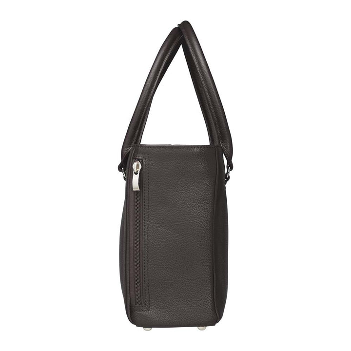 Black from the side timeless Traditional Elegance Concealed Carry Purse with pebble-textured cowhide leather. Features 11-ply steel cable reinforced, slash-resistant carry handles, designed for left or right-handed use. Spacious interior with center zippered divider, leather-trimmed pockets, and zippered pocket. Magnetic snaps close the open top. Includes metal feet for bottom protection. Khaki GTM logo lining for easy visibility. Includes holster compatibility.