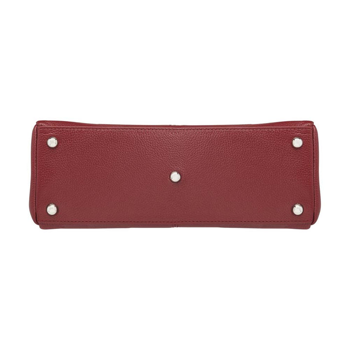 from the bottom red Black timeless Traditional Elegance Concealed Carry Purse with pebble-textured cowhide leather. Features 11-ply steel cable reinforced, slash-resistant carry handles, designed for left or right-handed use. Spacious interior with center zippered divider, leather-trimmed pockets, and zippered pocket. Magnetic snaps close the open top. Includes metal feet for bottom protection. Khaki GTM logo lining for easy visibility. Includes holster compatibility.