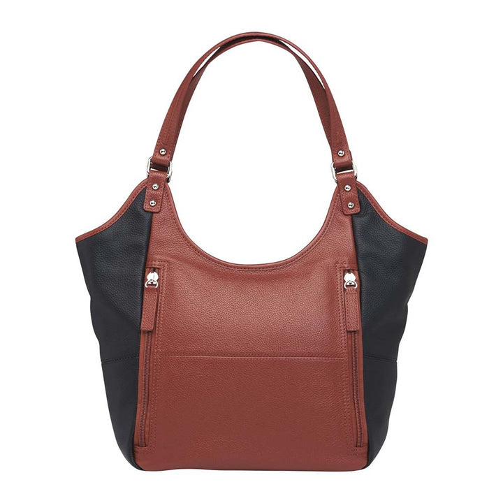 Elegant cinnamon and black leather concealed carry tote with secure underarm fit, reinforced slash-resistant handles, and hidden padded holster pocket. Spacious interior fits iPad, personal items, and compact handguns like Sig P365 or Glock 19.