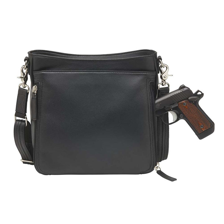 Luxury black lambskin concealed carry crossbody purse made from New Zealand full-grain leather; features RFID-protected wallet organizer, top-draw ambidextrous access, slash-resistant strap, padded CCW holster fits Glock 19, Sig P320, M&P Shield; sleek day-to-night design with magnetic closures and chrome accents.