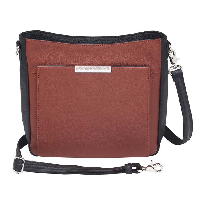 Cinnamon brown concealed carry crossbody purse with wallet organizer – slim leather gun bag for women with RFID protection, rare earth magnetic closure, slash-resistant strap, and ambidextrous draw. Fits compact firearms like Glock 26, Sig P365, and M&P Shield.