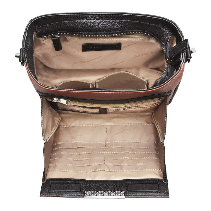 Cinnamon brown concealed carry crossbody purse with wallet organizer – slim leather gun bag for women with RFID protection, rare earth magnetic closure, slash-resistant strap, and ambidextrous draw. Fits compact firearms like Glock 26, Sig P365, and M&P Shield.