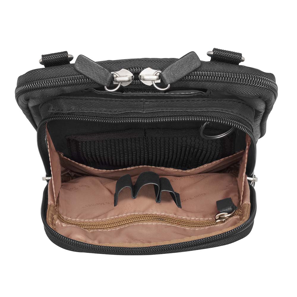 Crossbody concealed carry shoulder pouch in tumbled leather with microfiber accents – fits revolvers to 1911, slash-resistant strap, adjustable for right/left-handed use, includes Mernickle holster, GTM patent pending