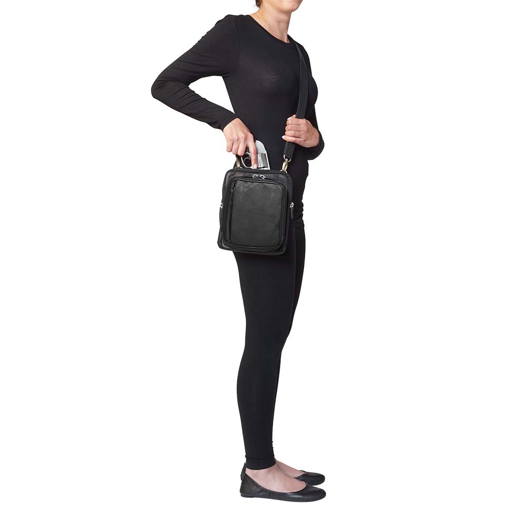 Crossbody concealed carry shoulder pouch in tumbled leather with microfiber accents – fits revolvers to 1911, slash-resistant strap, adjustable for right/left-handed use, includes Mernickle holster, GTM patent pending