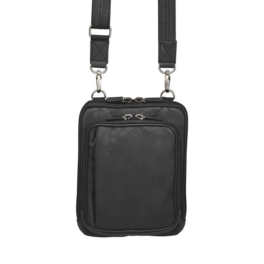Crossbody concealed carry shoulder pouch in tumbled leather with microfiber accents – fits revolvers to 1911, slash-resistant strap, adjustable for right/left-handed use, includes Mernickle holster, GTM patent pending