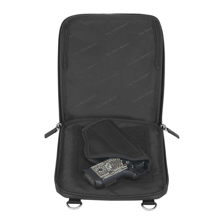 Crossbody concealed carry shoulder pouch in tumbled leather with microfiber accents – fits revolvers to 1911, slash-resistant strap, adjustable for right/left-handed use, includes Mernickle holster, GTM patent pending