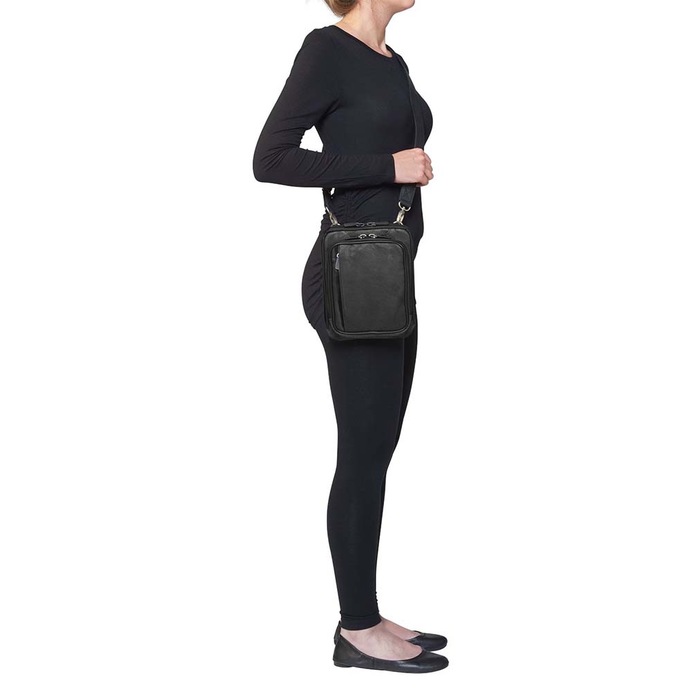 Crossbody concealed carry shoulder pouch in tumbled leather with microfiber accents – fits revolvers to 1911, slash-resistant strap, adjustable for right/left-handed use, includes Mernickle holster, GTM patent pending