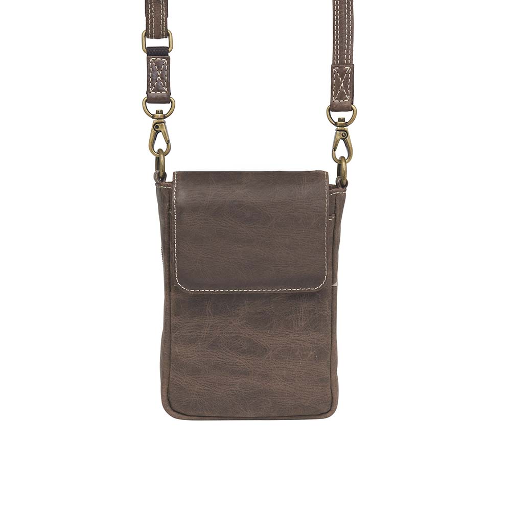 Distressed brown leather concealed carry phone pouch crossbody bag; minimalist full-grain buffalo leather design with top-draw access, RFID lining, padded CCW pocket fits Sig P238, Kahr 9, slash-resistant strap, and magnetic closure; lightweight and compact for everyday carry.