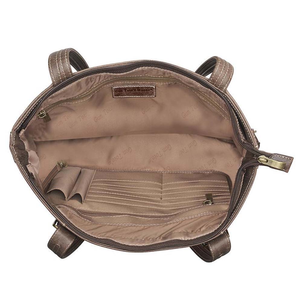 Distressed vintage buffalo leather shoulder portfolio concealed carry purse with slash-resistant double shoulder straps, patent-pending CCW rear zippered compartment for left or right-hand draw, padded to prevent imprinting, includes Mernickle holster, fits iPads and small laptops, RFID-protected organizer, top zipper closure, and chrome feet for stability—ideal for office or everyday carry.