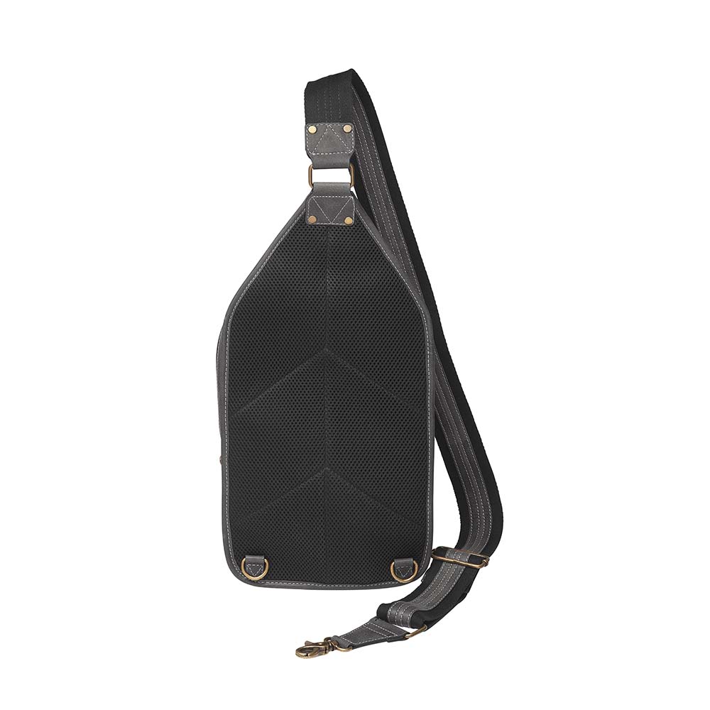 Gray sling backpack concealed carry bag with RFID protection, ambidextrous draw, and padded CCW compartment; lightweight crossbody made for quick access, featuring slash-resistant strap, fits Glock 19, Sig P365, M&P 9mm, and ideal for everyday or EDC use.