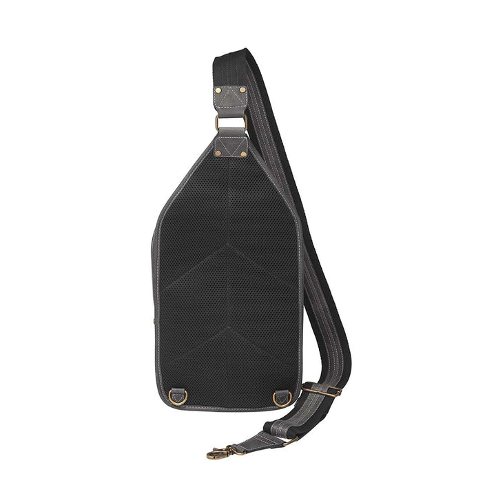 Gray sling backpack concealed carry bag with RFID protection, ambidextrous draw, and padded CCW compartment; lightweight crossbody made for quick access, featuring slash-resistant strap, fits Glock 19, Sig P365, M&P 9mm, and ideal for everyday or EDC use.