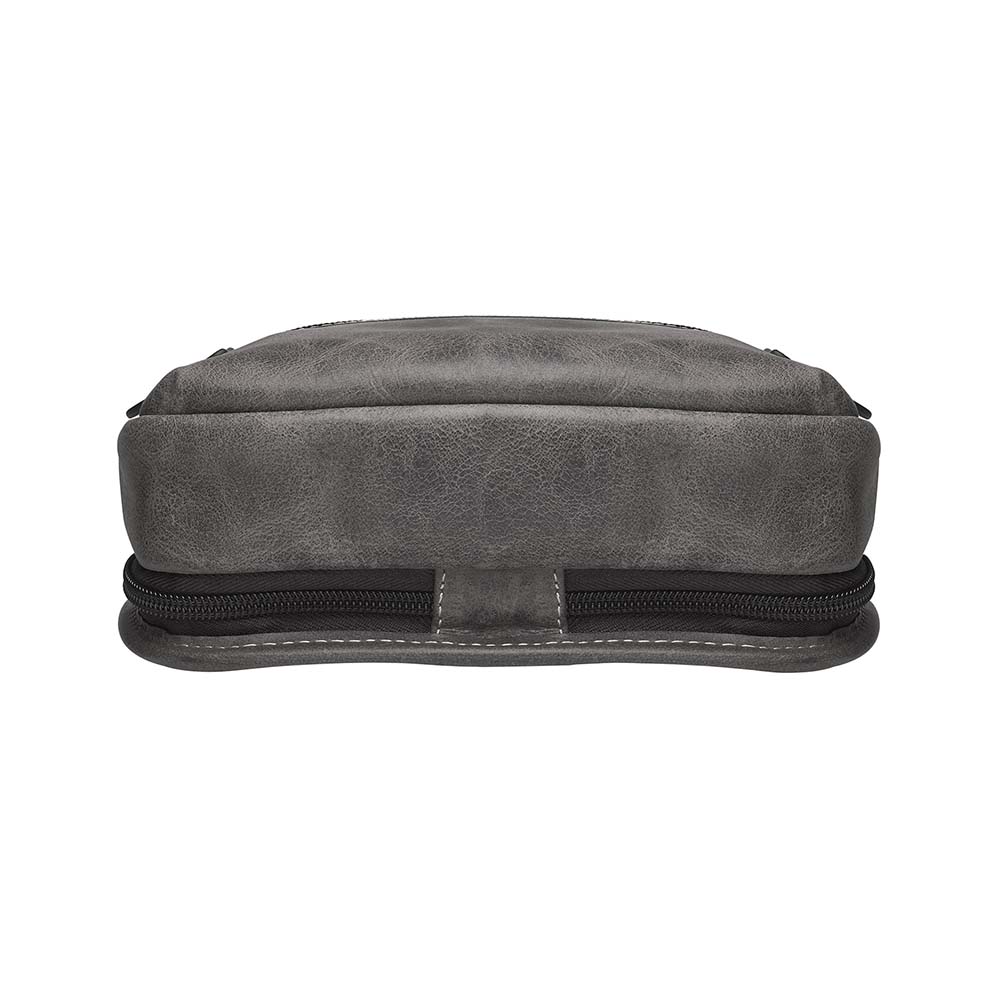 Gray sling backpack concealed carry bag with RFID protection, ambidextrous draw, and padded CCW compartment; lightweight crossbody made for quick access, featuring slash-resistant strap, fits Glock 19, Sig P365, M&P 9mm, and ideal for everyday or EDC use.