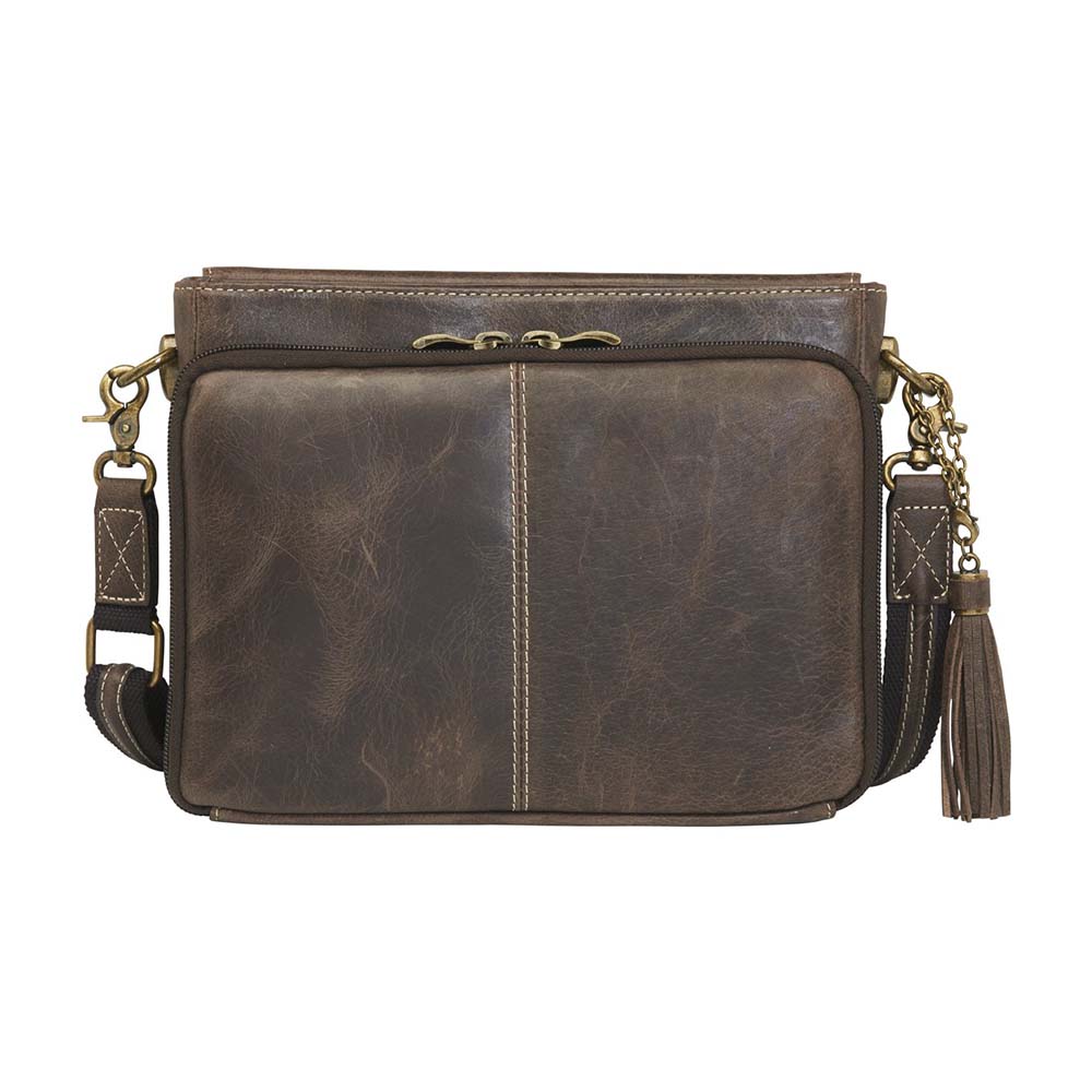 Timeless and tough — this brown distressed full-grain buffalo leather clutch gets better with age and wear. Designed to fit both left and right-handed carriers, it offers special padding to prevent imprinting and a slash-resistant shoulder strap reinforced with 11-ply steel wire for solid security.
