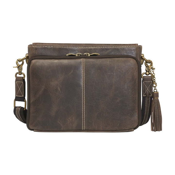 Timeless and tough — this brown distressed full-grain buffalo leather clutch gets better with age and wear. Designed to fit both left and right-handed carriers, it offers special padding to prevent imprinting and a slash-resistant shoulder strap reinforced with 11-ply steel wire for solid security.