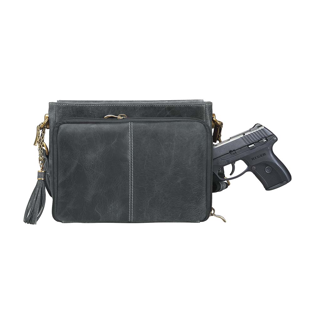 Sleek, stealthy, and practical — this distressed gray leather clutch blends vintage style with tactical function. Made from full-grain buffalo leather, it grows softer and more personal with every use. Equipped for right or left-handed carry, featuring protective padding and a slash-proof shoulder strap reinforced with steel wire.