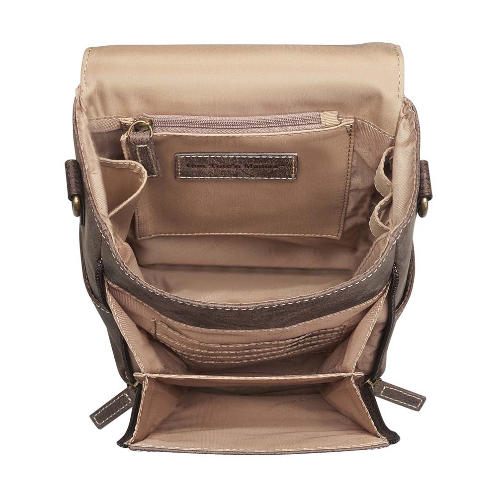 Distressed leather concealed carry satchel with crossbody strap – GTM/CZY-80. Vintage tanned full grain buffalo leather with dual compartments, flap closure with rivet accents, RFID protection, and slash-resistant shoulder strap. Designed for discreet firearm access, left or right hand draw. Ideal EDC purse for women.