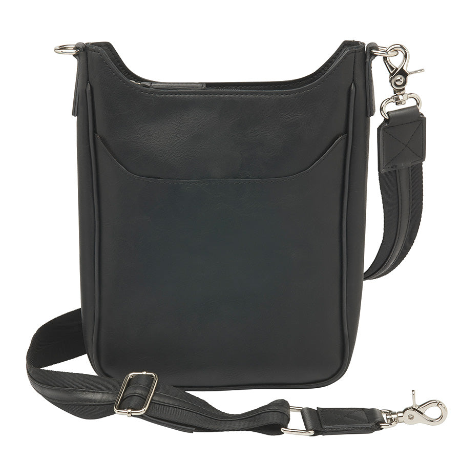 Tactical black crossbody mail pouch concealed carry bag with slash-resistant strap, secure three-sided zippered gun compartment, and washable buffed cowhide leather for everyday discreet protection.